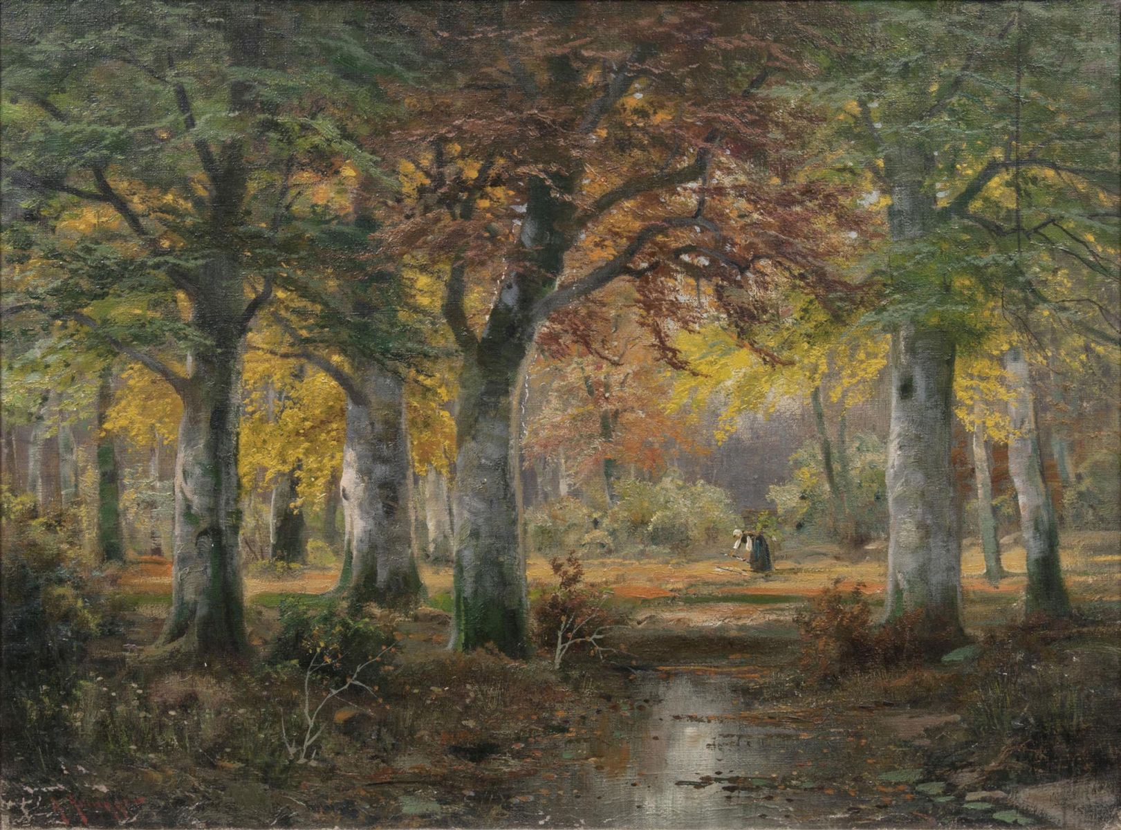 Collector of brushwood in autumn forest