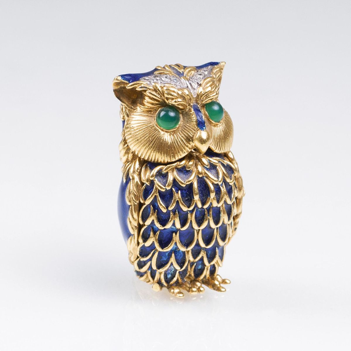 A Miniature Gold Box 'Owl' with Gemstones and blue Enamel