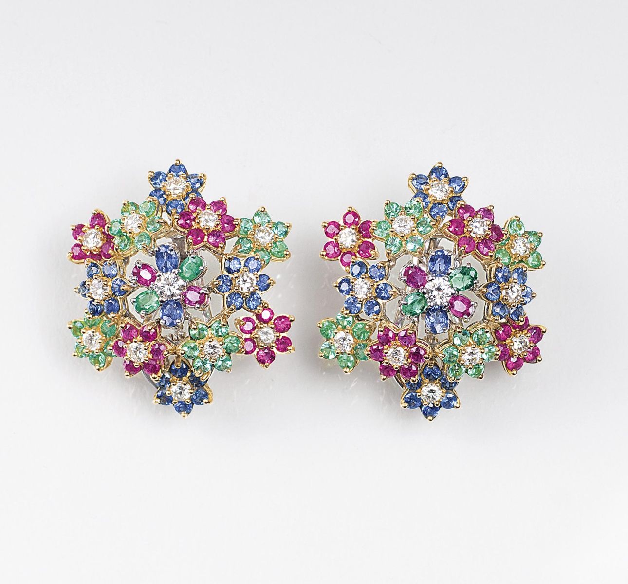 A Pair flower decorated Gemstone Earrings with Rubies, Sapphires, Emeralds and Diamonds