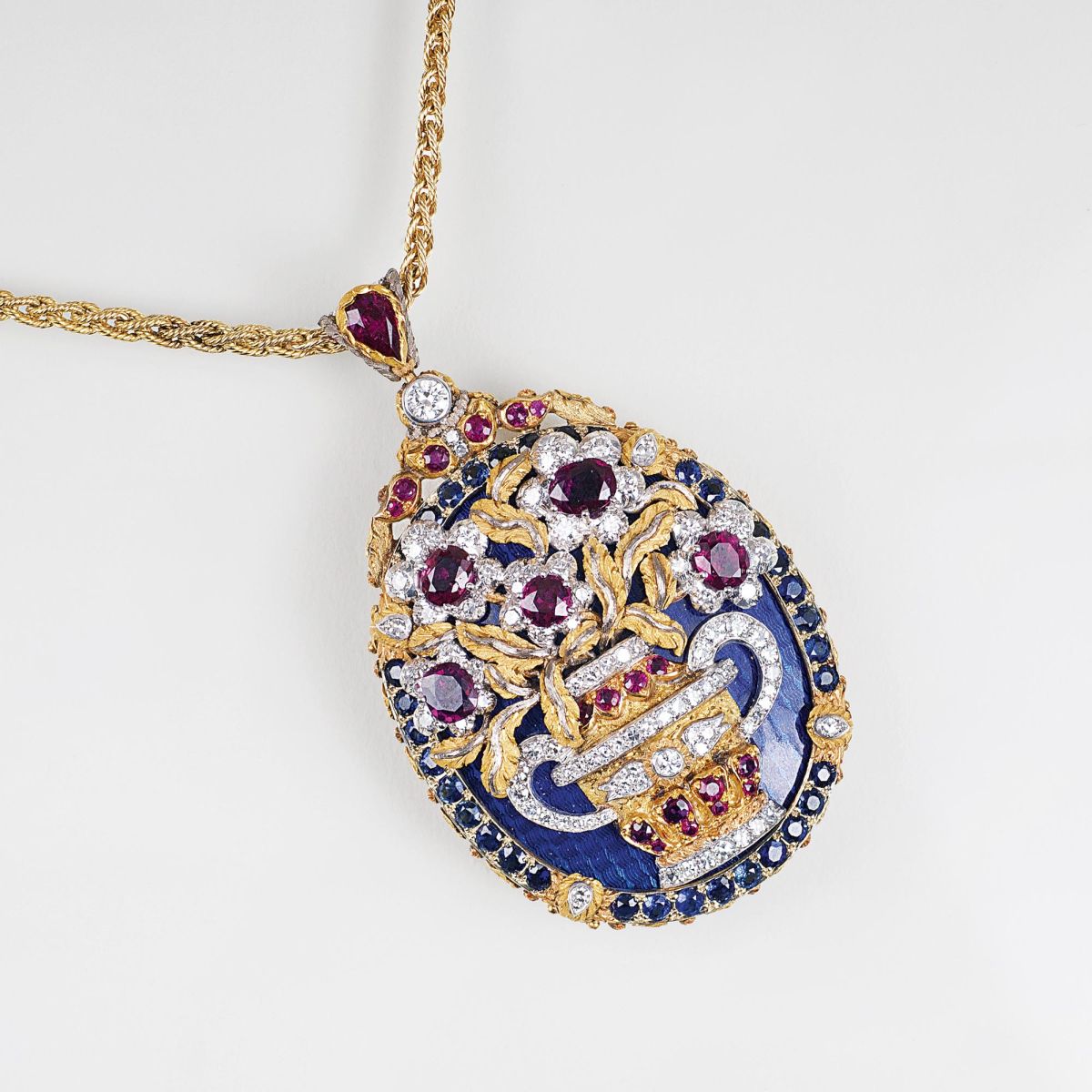 An extraordinary Vintage Pendant with Rubies, Sapphires and Diamonds