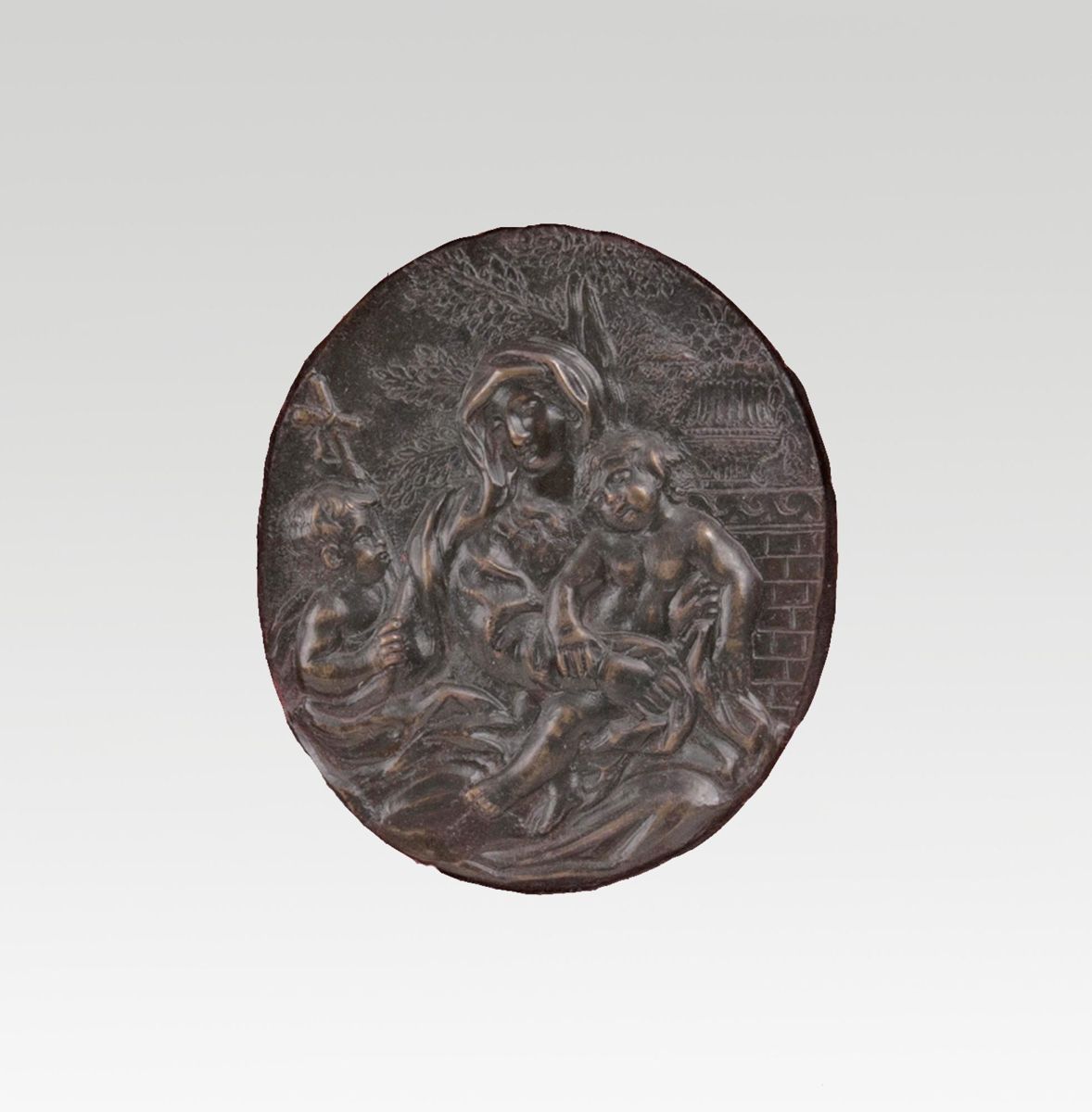 Feine Bronze-Plakette 'Maria mit Jesuskind und Johannesknaben'