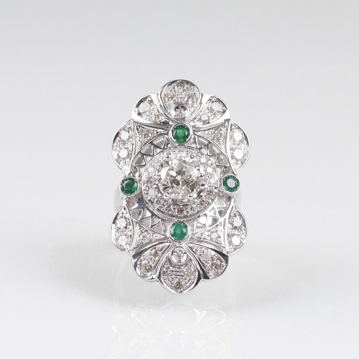 A large Emerald Diamond Ring with Old European Cut Solitaire Diamond - image 2