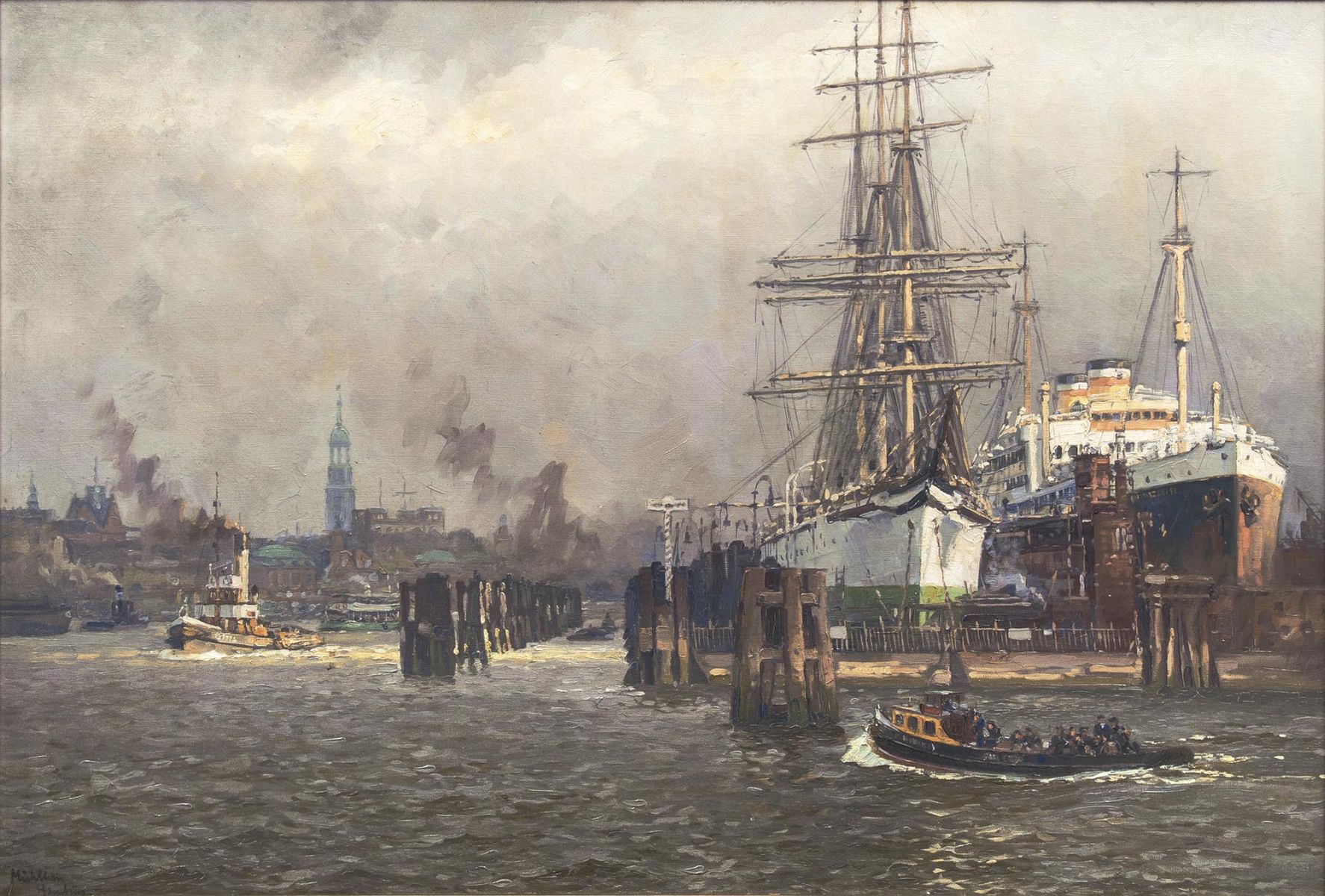 Panorama von Hamburg mit dem Trockendock von Blohm & Voss