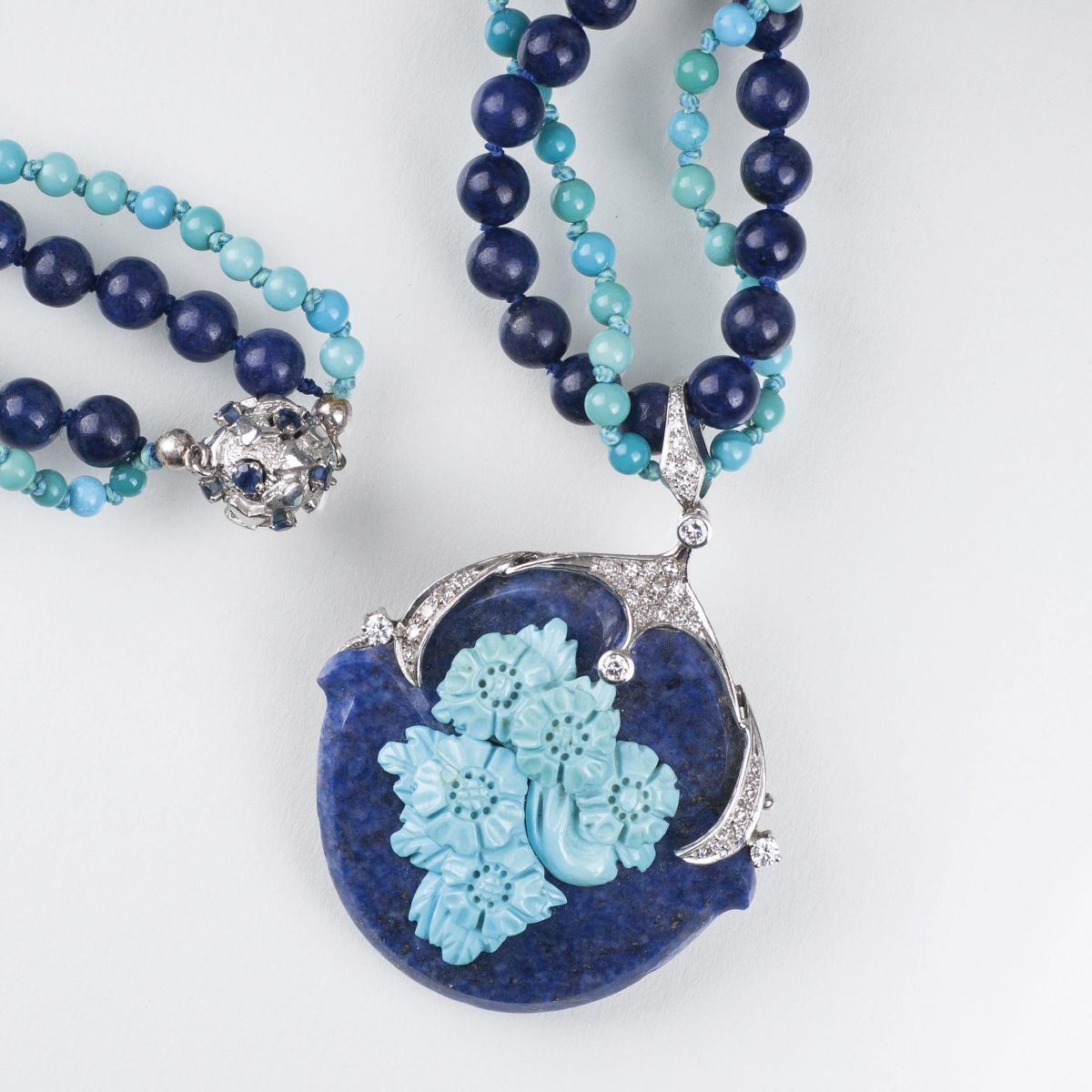 A Lapis Lazuli Turquoise Diamond Necklace