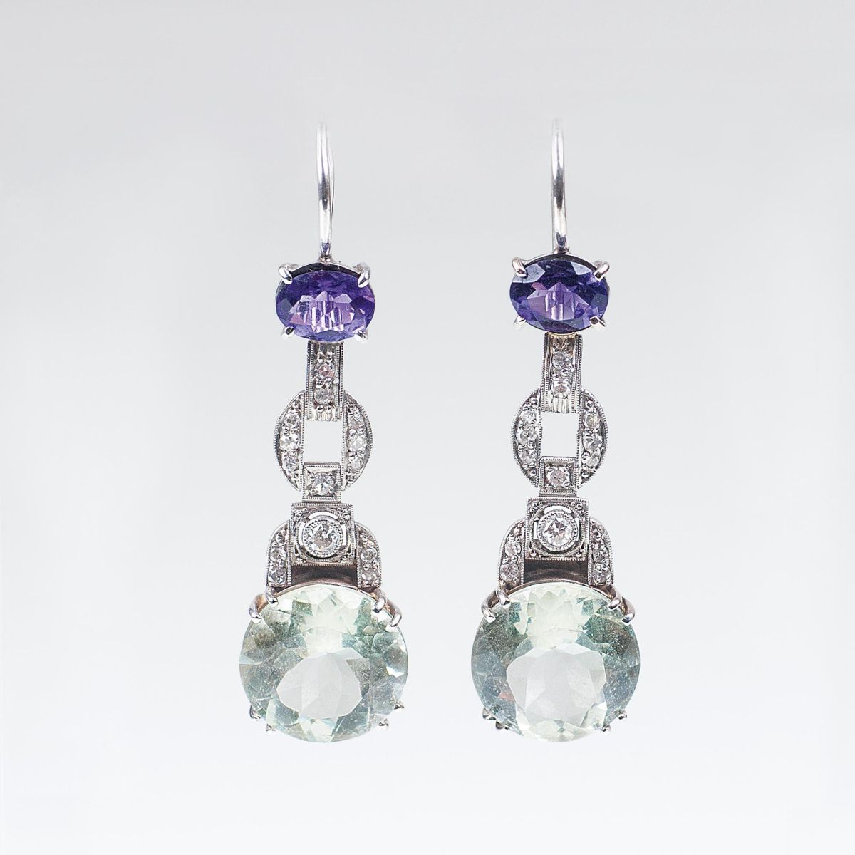 A Pair of Prasiolith Amethyst Earpendants in Art-déco Style