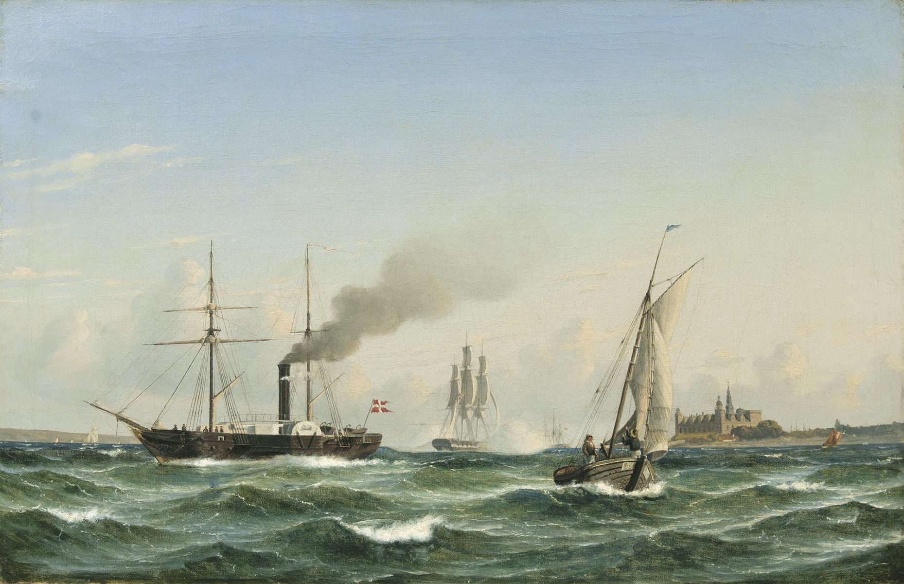 A Paddle Steamer off Kronborg, a Three-Master firing