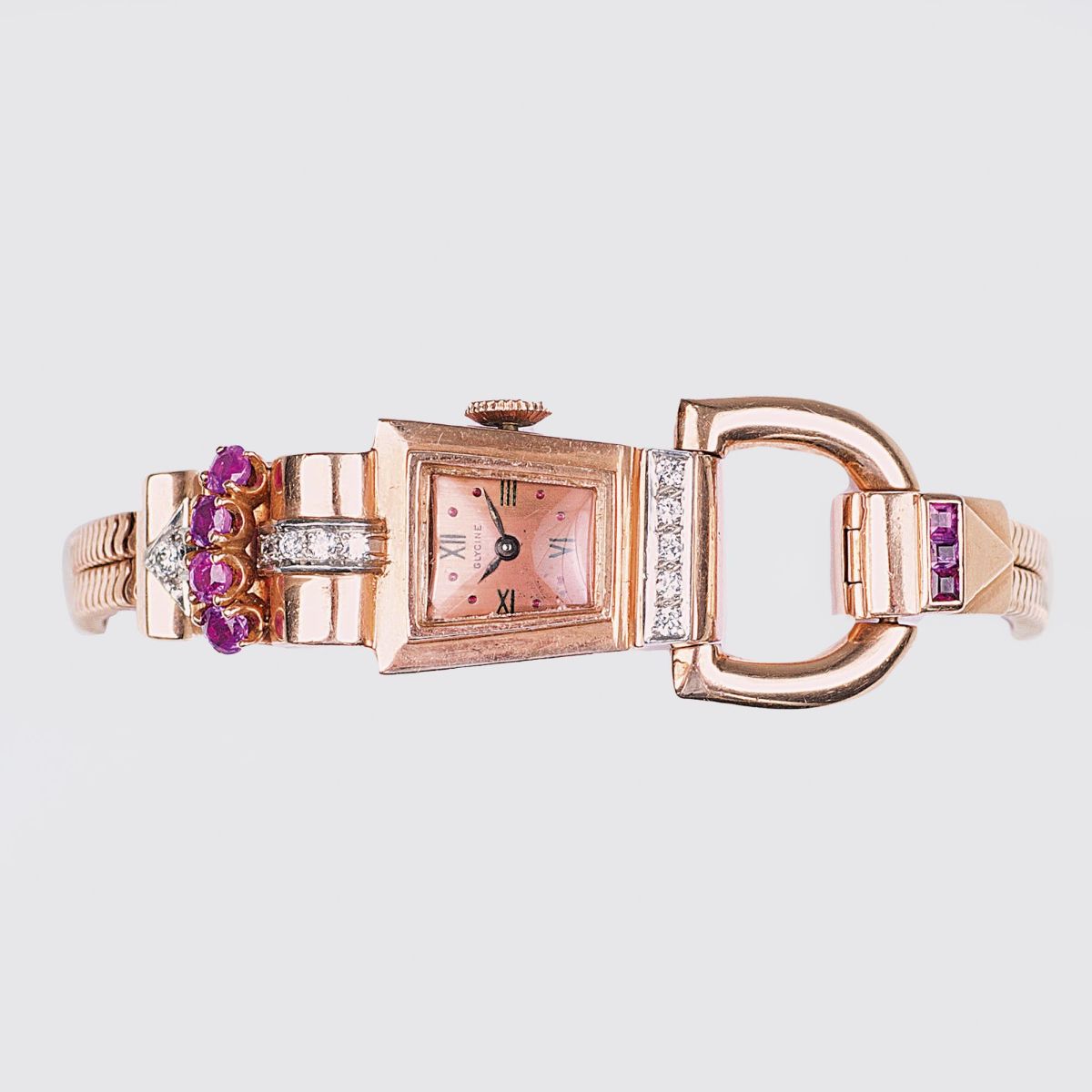 An Art-déco Jewel Watch by Glycine with Rubies and Diamonds