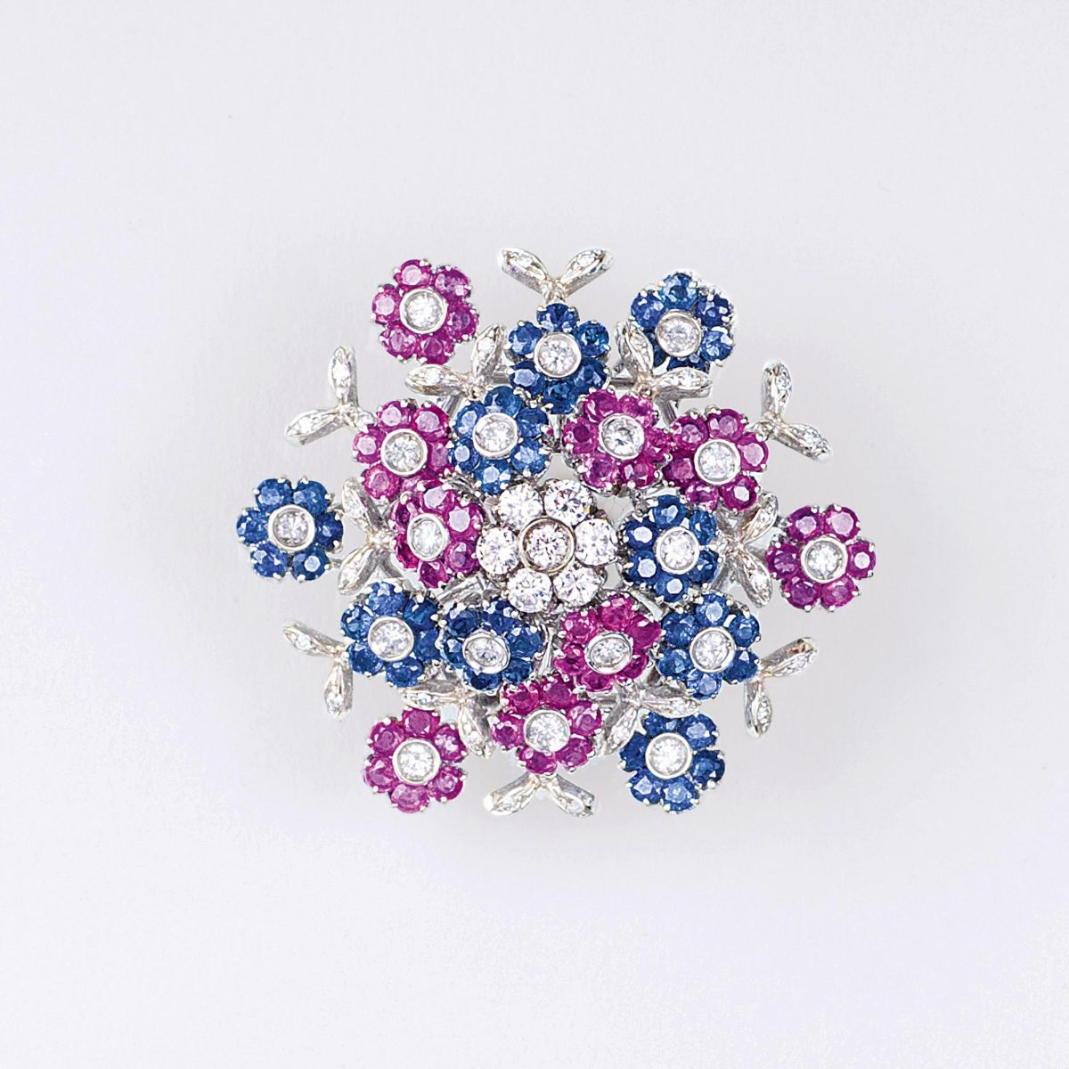 A Vintage Flower Brooch with Sapphires, Rubies and Diamonds