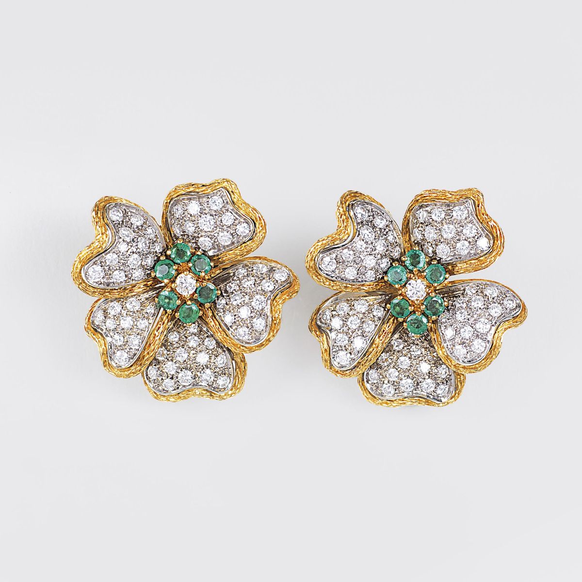 A Pair of extraordinary Vintage Diamond Emerald Earclips