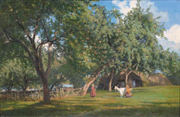 Mädchen mit Ziege im Apfelgarten vor dem Hof