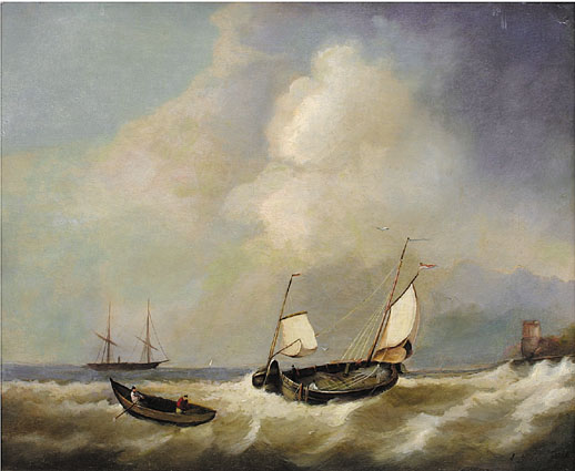 Segelschiff und Beiboot in der Brandung vor der Küste