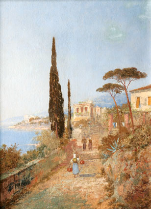 An  italian coast view near Amalfi, with figures and villas