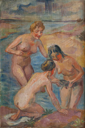 Three female nudes and a fish in a low-tide coast-landscape