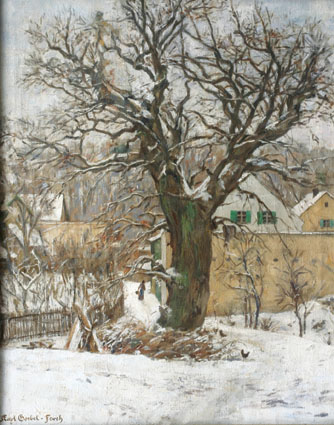 An oak tree in a wintry village