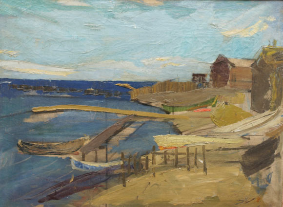 A coastal view with a little wharf and wooden buildings