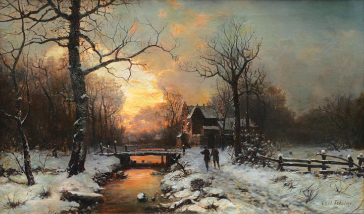 A wooded landscape in wintertime with travellers besides a frozen brook