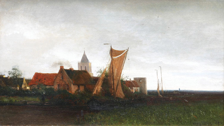 A village at a river in the evening