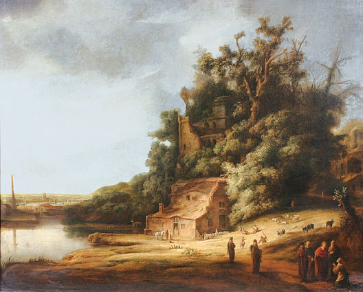A wooded river-landscape with the ruins of a castle, and various figures