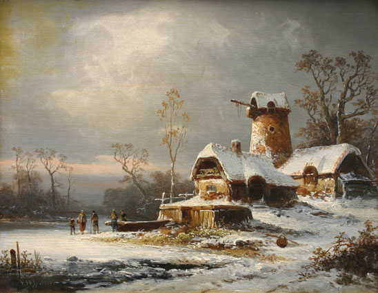 Winterlandschaft mit Personen auf dem Eis und stillgelegter Windmühle