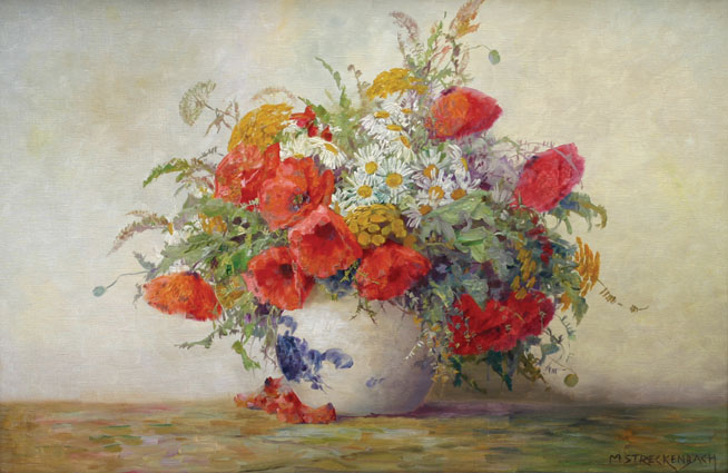A large midsummerflower-stillife with red poppy, white marguerites a.o.