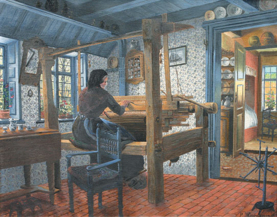 A frisian interior with a female weaver at a weaver's loom