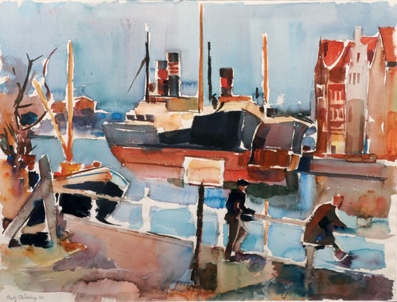 A harbour canal with steamboats and figures