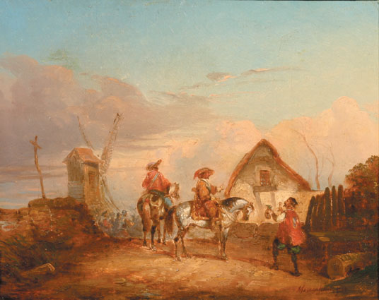 A landlord and mounted officers in front of an inn, soldiers drawing off