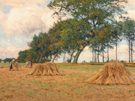 An extensive summer landscape with hay-harvesting women