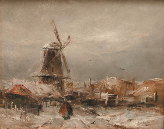 A wintry prospect with a village and a windmill, a woman to the left
