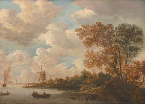 A river landscape with fishing boats, a windmill, trees and hidden houses