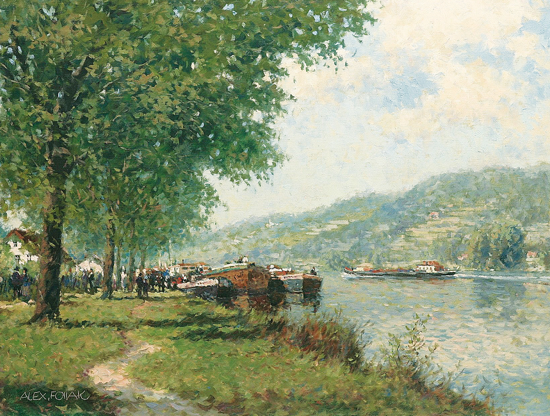 A Rhine landscape with boats and people on the banks