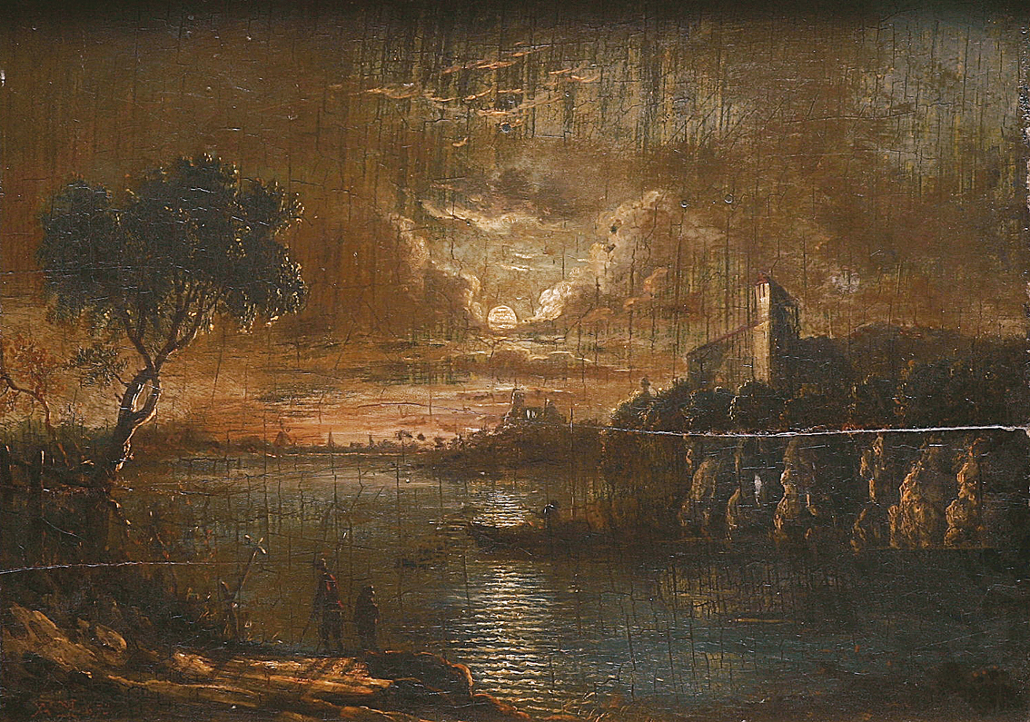A river landscape in moonlight with anglers, a castle and a town beyond