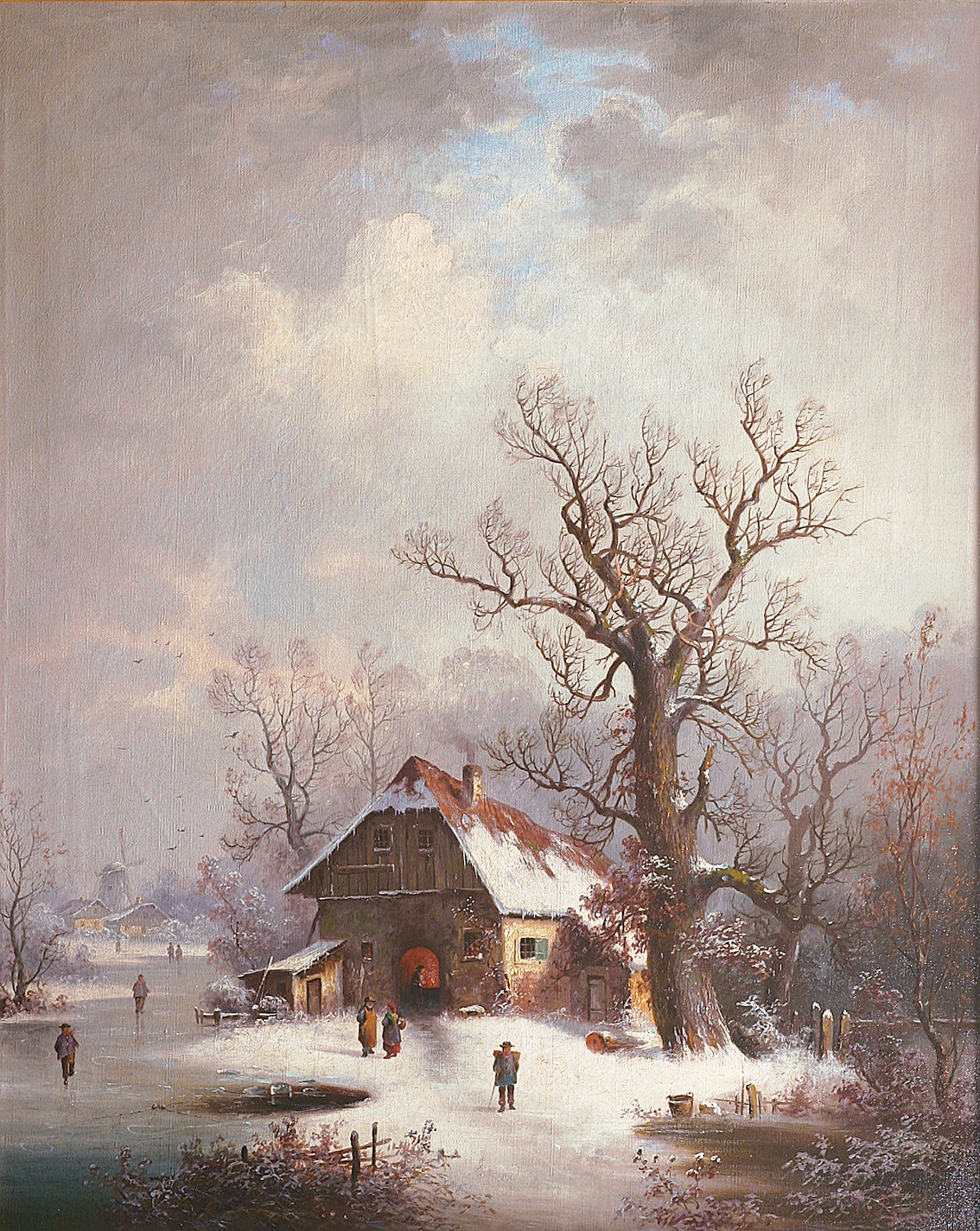 A winter landscape with a forge, a windmill and ice-walkers