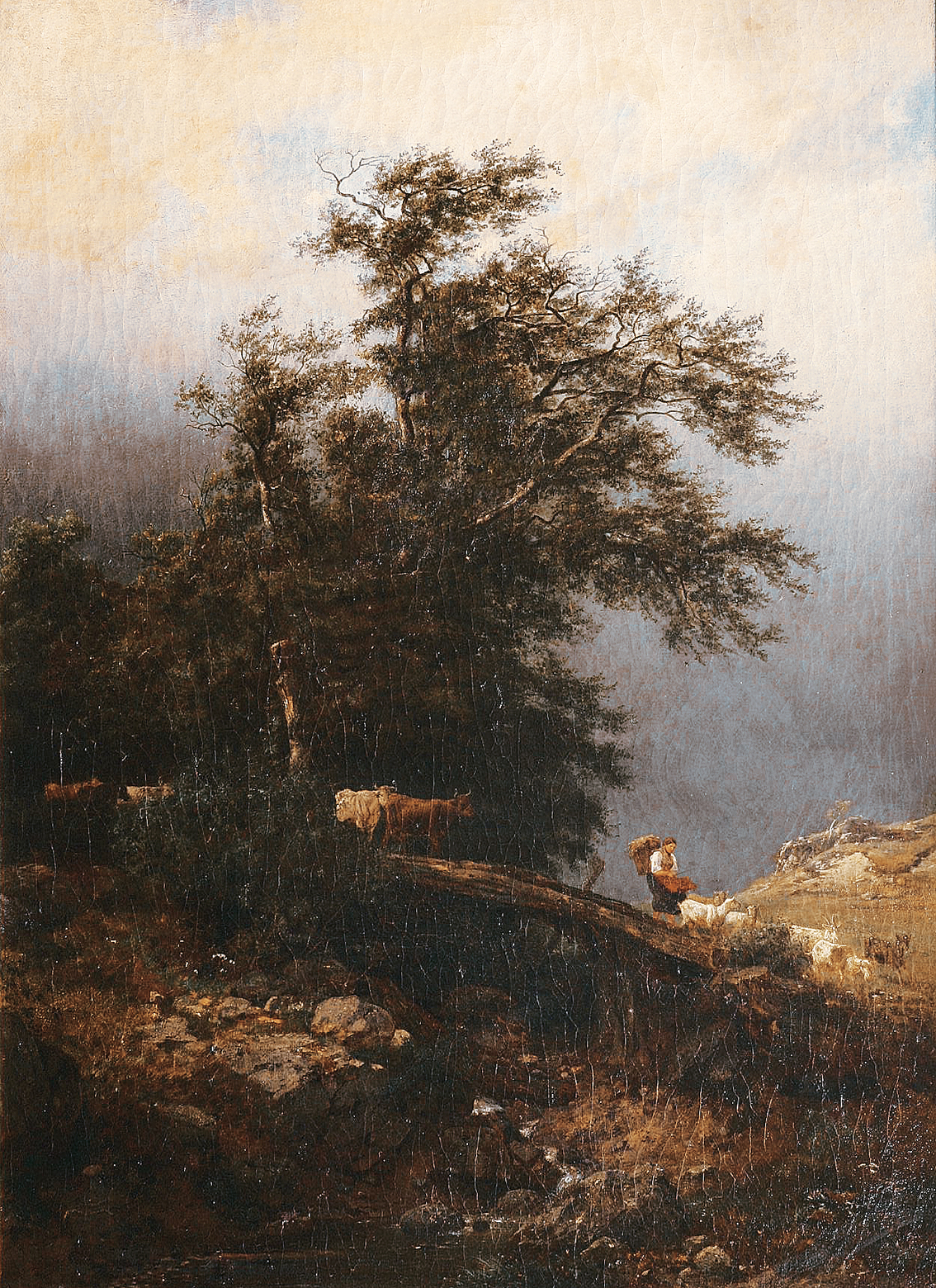 A shepherdess with cows and sheep on a bridge by a forest