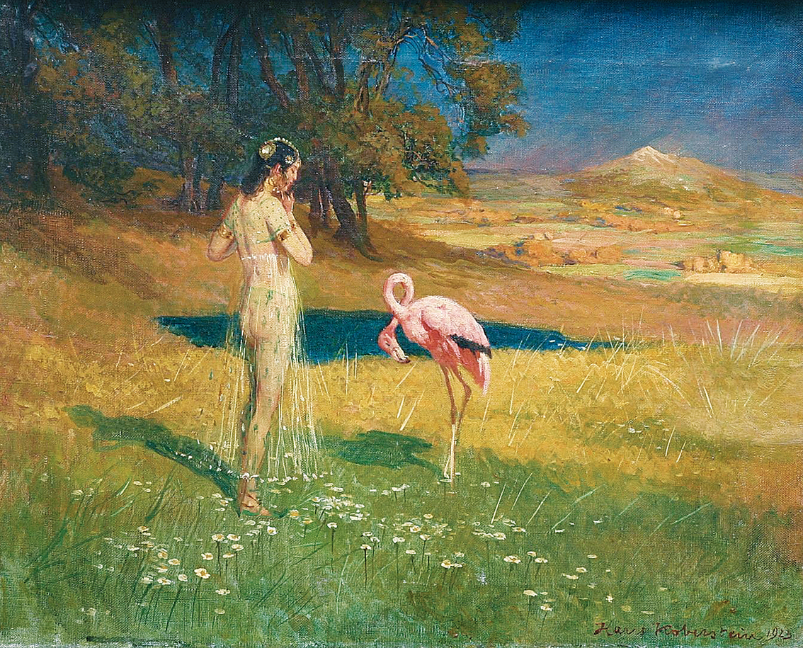 Temple-dancer and flamingo in an oriental landscape