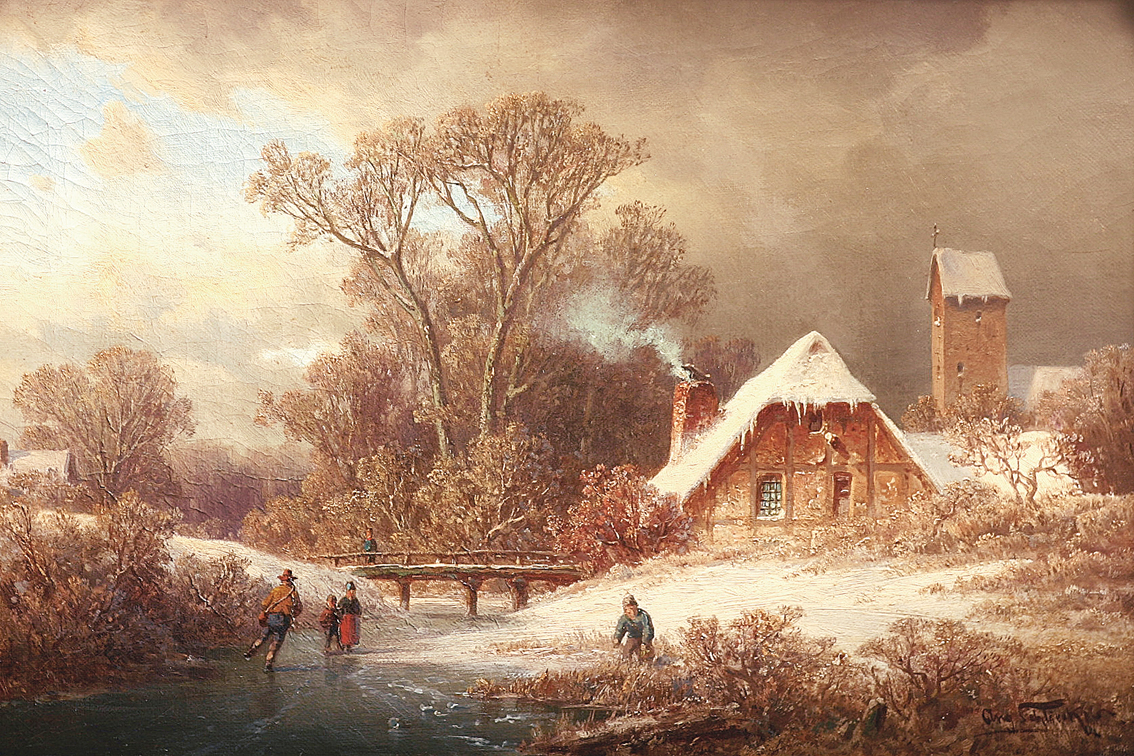 A wooded winter-landscape with a frozen brook and skaters, a village beyond