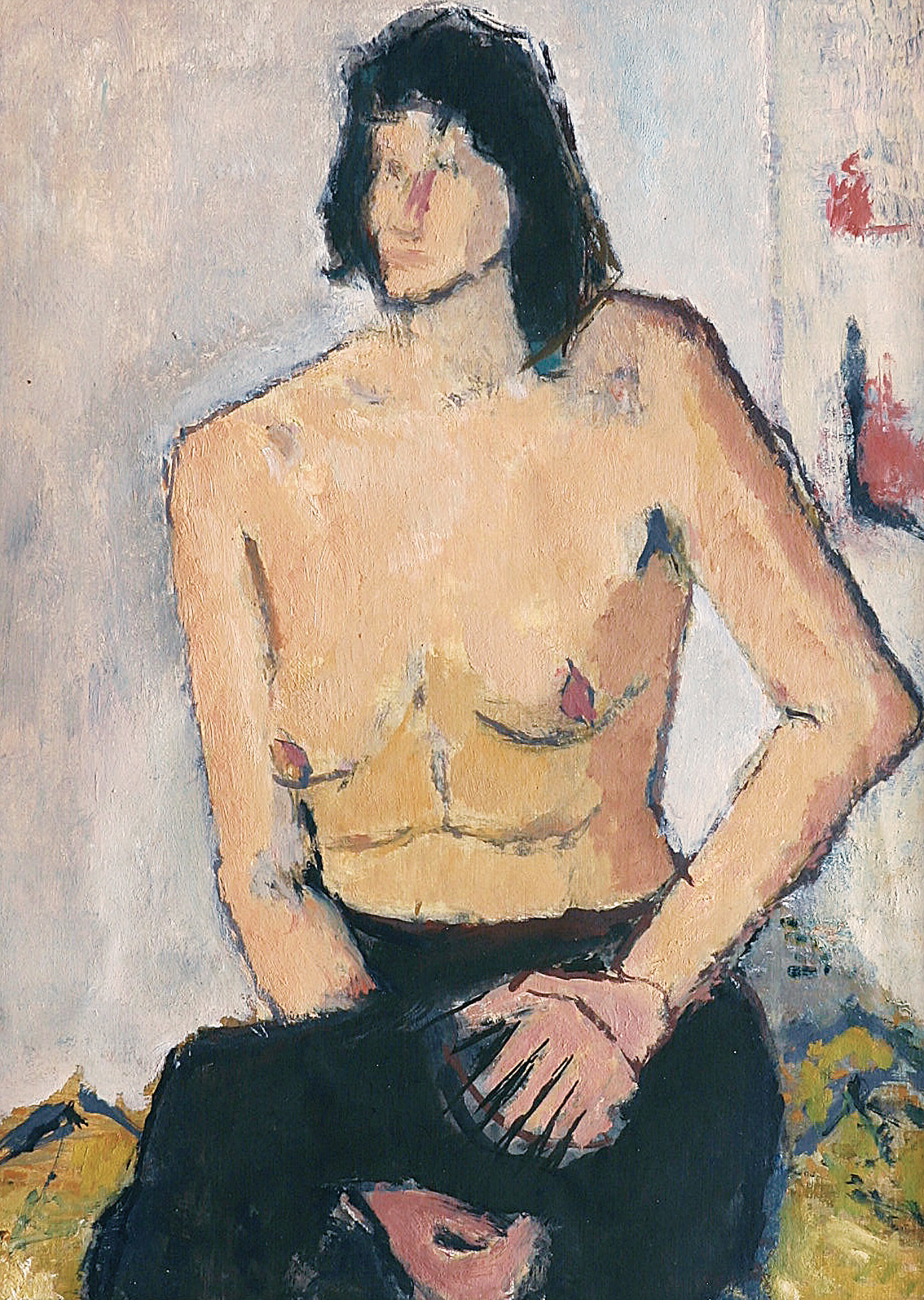 A female half-nude, sitting