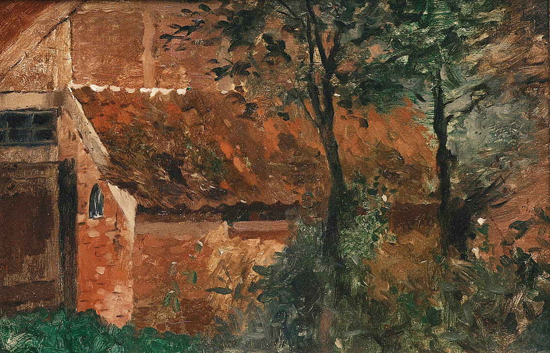 A partial view on a farmhouse and two trees