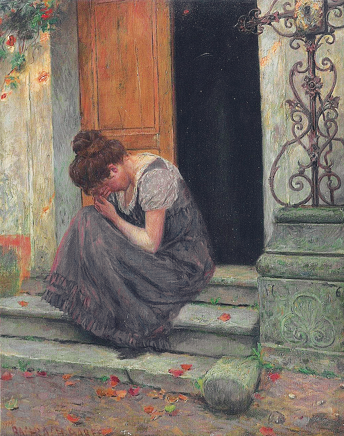 A weeping girl on the stairs