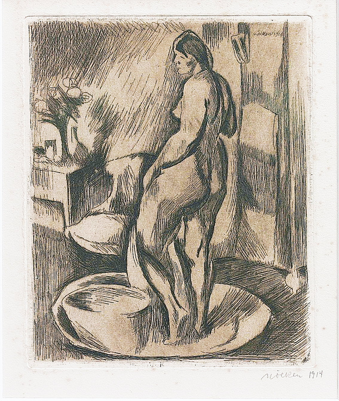 A female nude standing in a flat bathtub