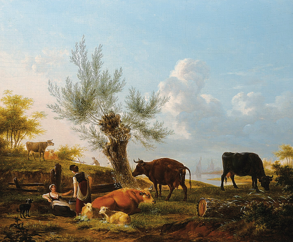 A pasture with country girls, cows and sheep and a town beyond