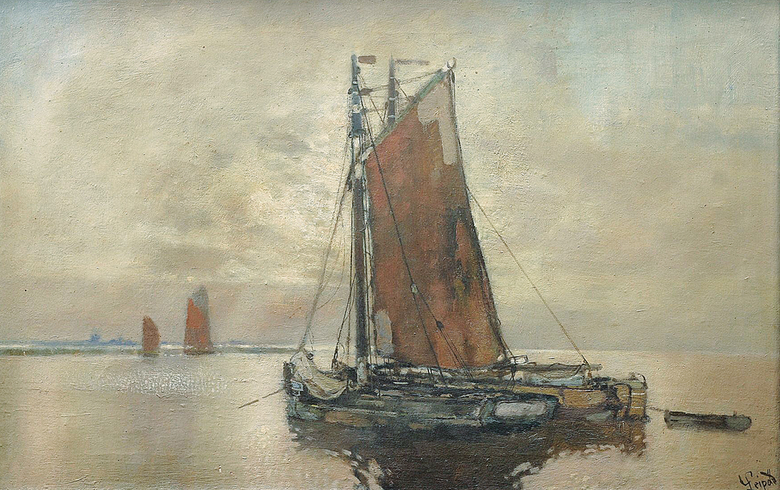 "Fishing boats on the Lower Elbe in bright 'clair de lune"