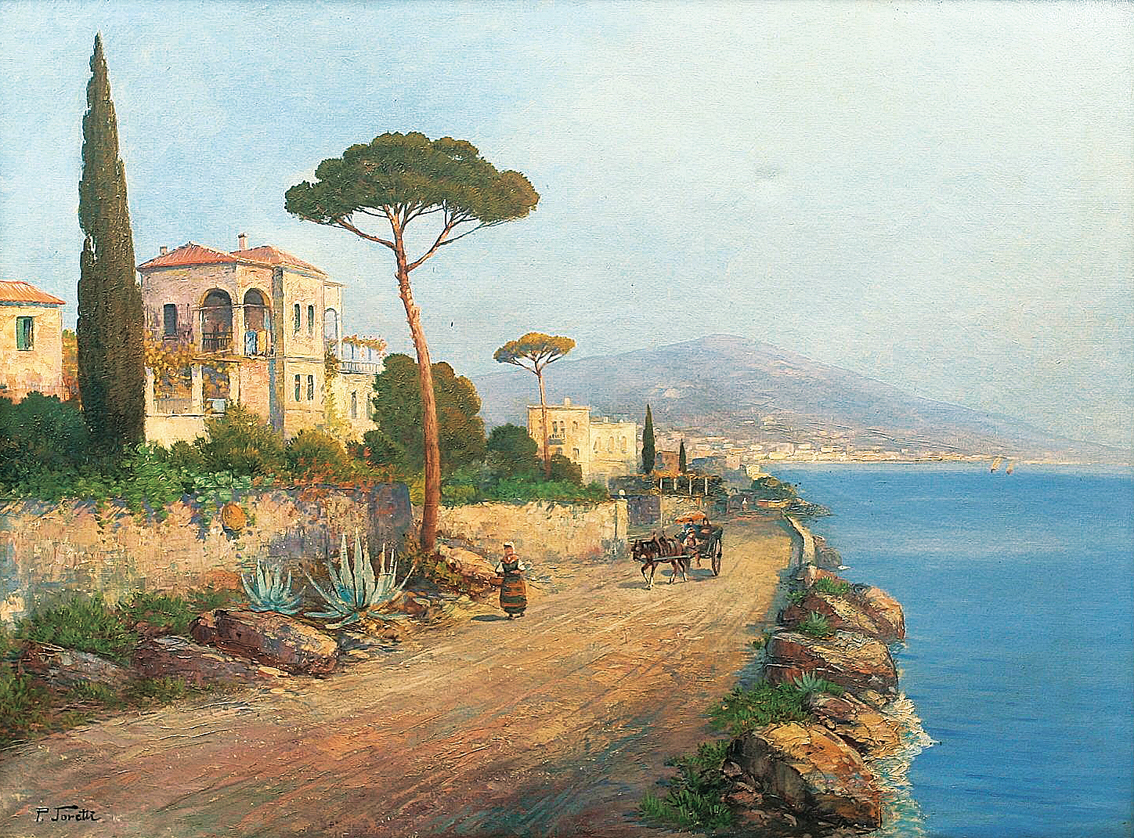 Prospect of a coastal road; city of Naples and Vesuvio in the background