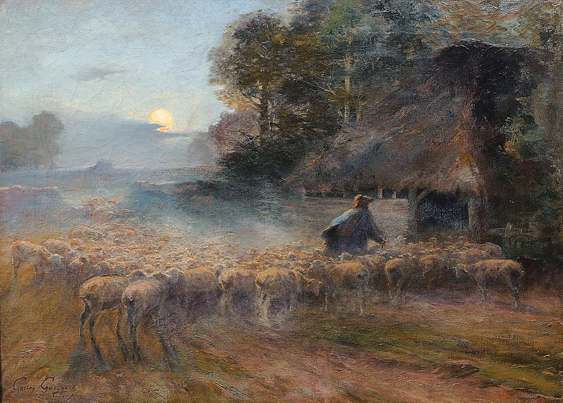The return of the shepherd and his flock in moonlight