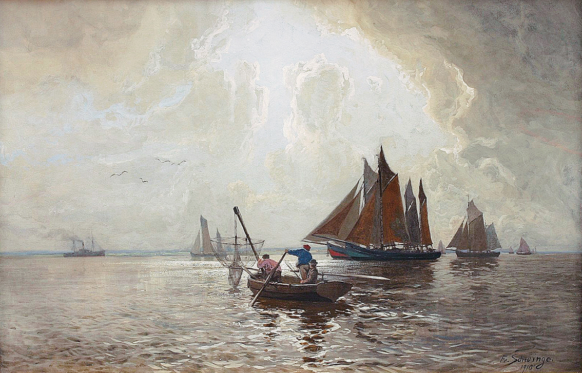 A view on the Elbe near Hamburg-Finkenwerder with fishing boats and a steamer