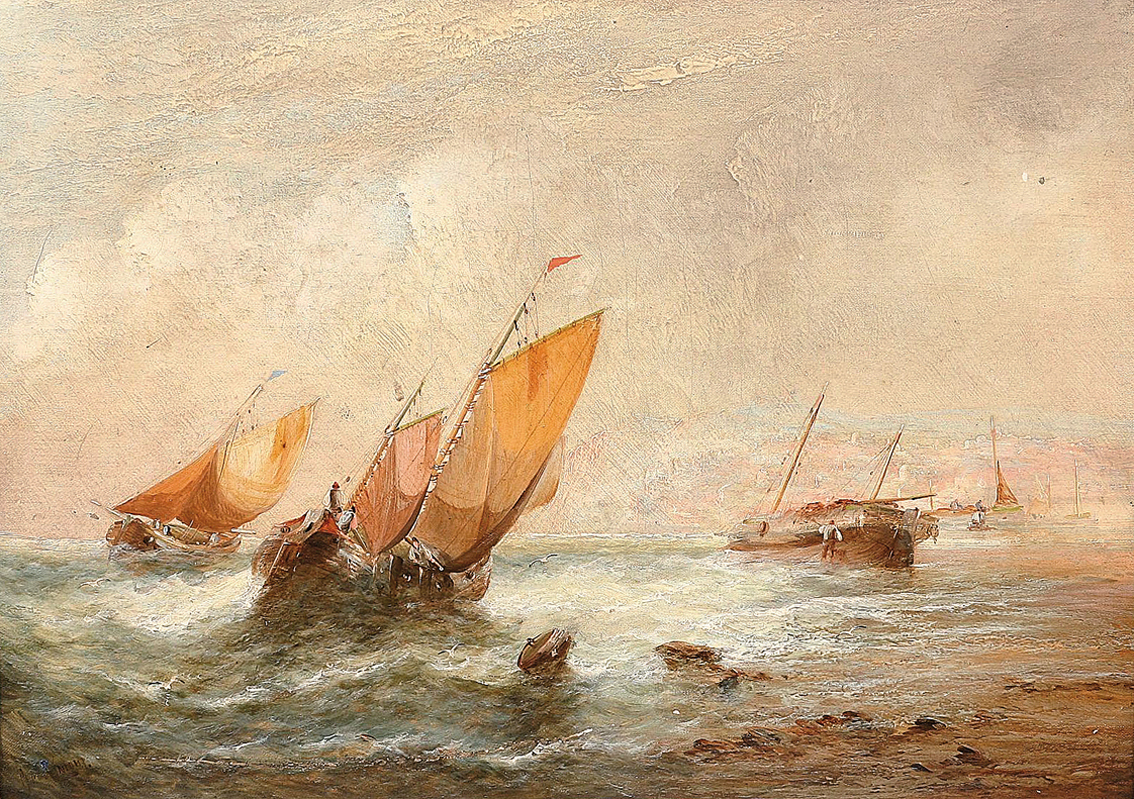 Fischerboote bei aufkommendem Sturm vor der Küste