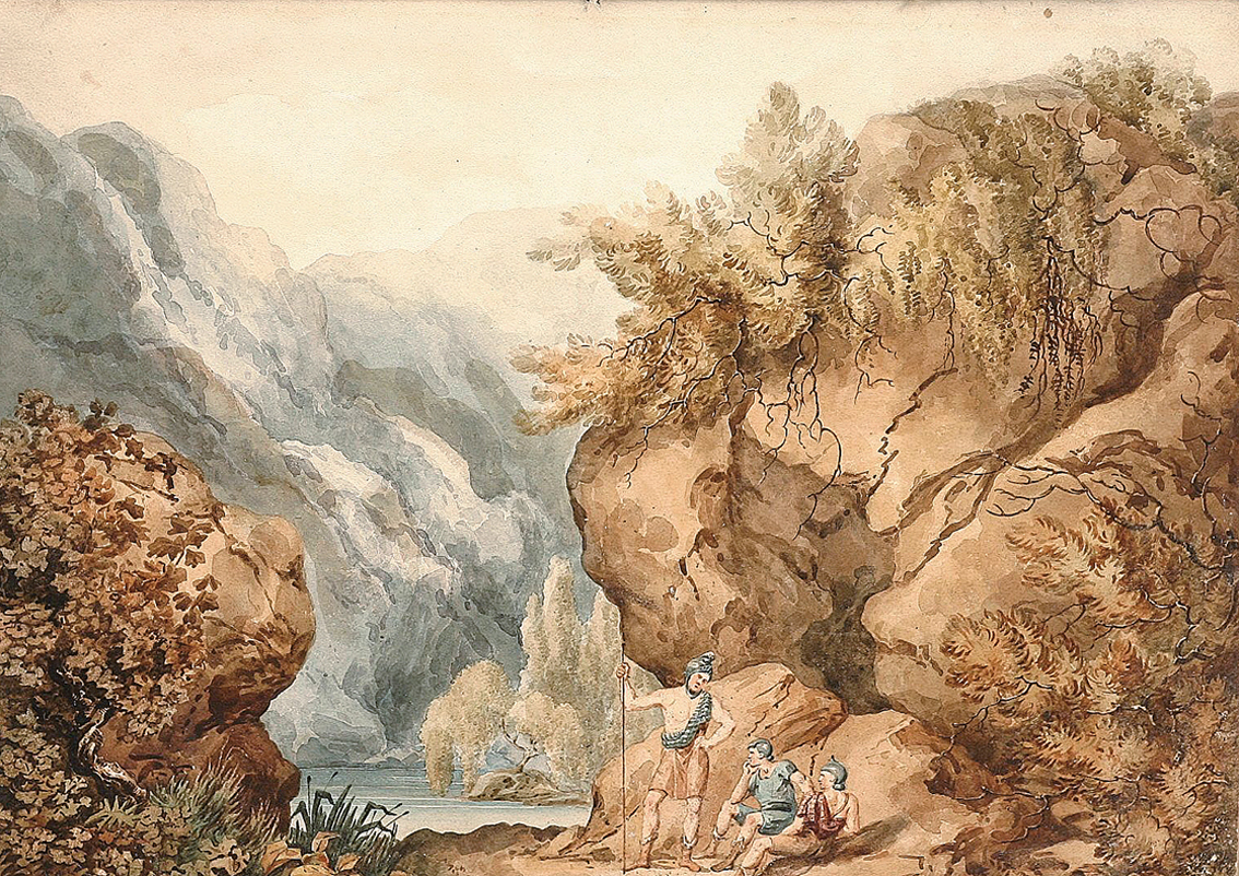 Römische Wachsoldaten am felsigen Ufer eines Sees im Gebirge
