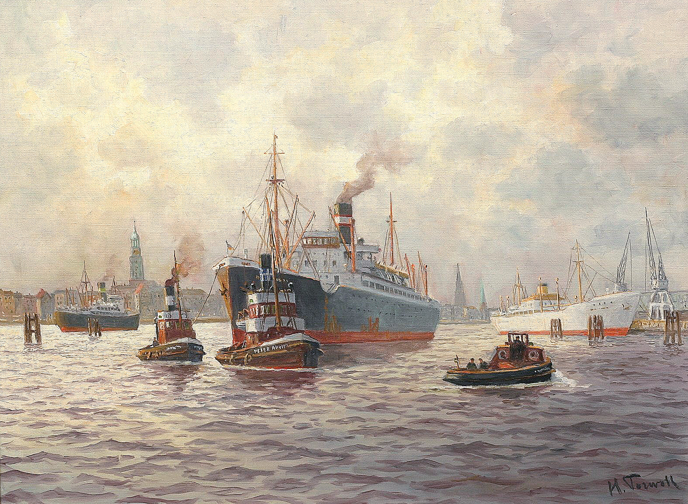 Several steamships in the harbour of Hamburg