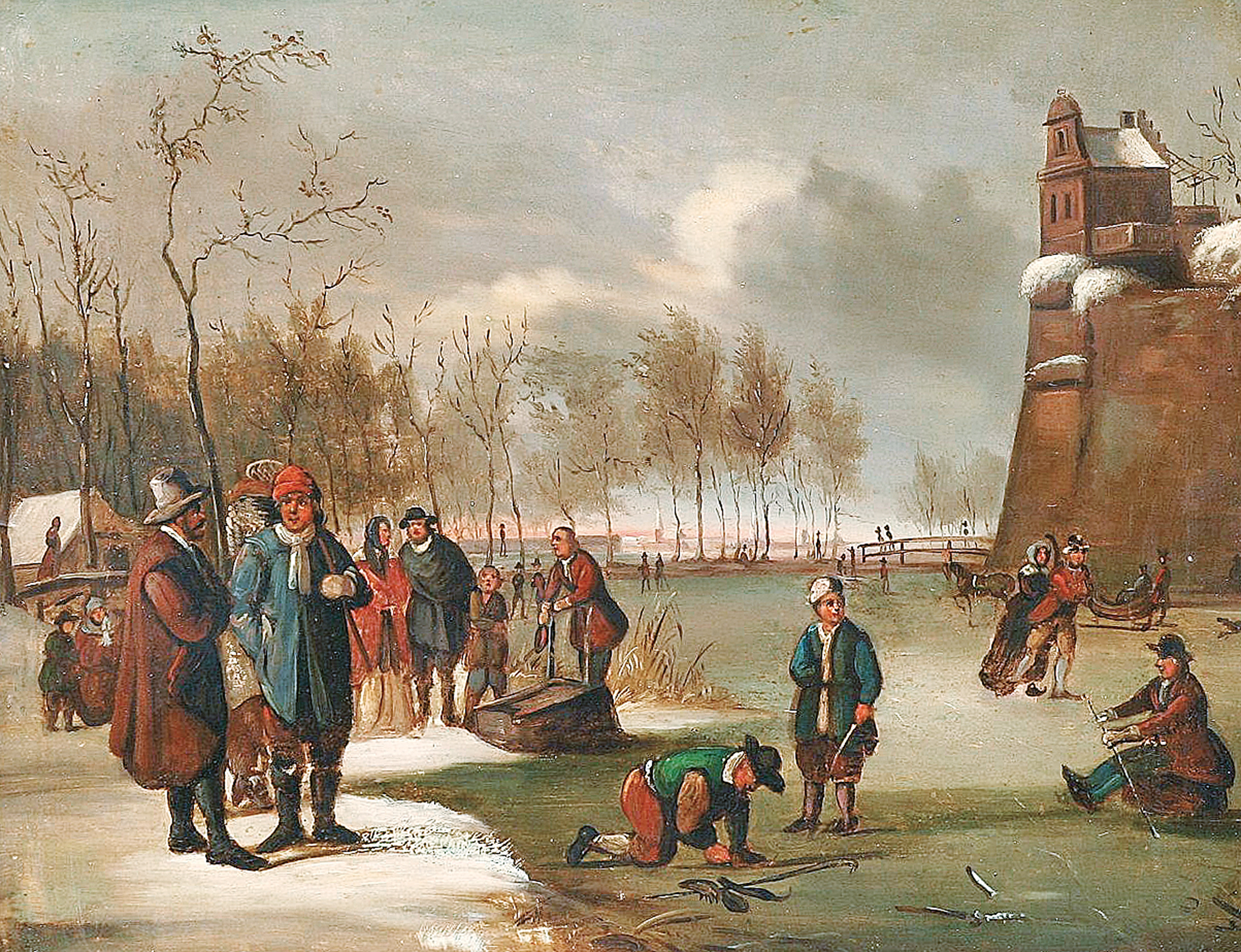 A landscape with people on ice near a fortification