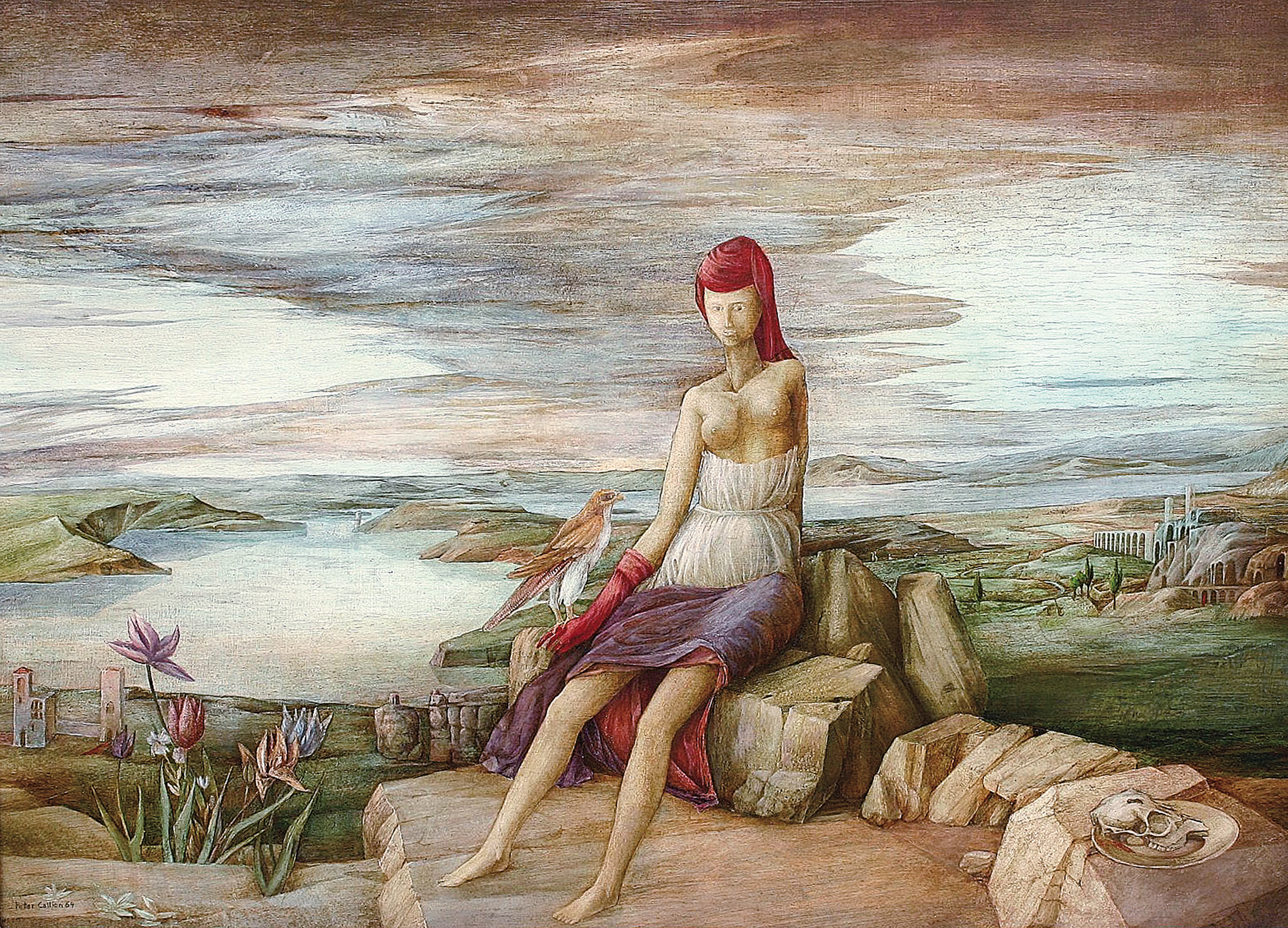 A sitting girl with a falcon in an extensive italian coastal landscape